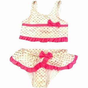 Lemon Kiss Swimsuit Two Piece White w Gold Metallic Dots Bright Pink Ruffle 12M